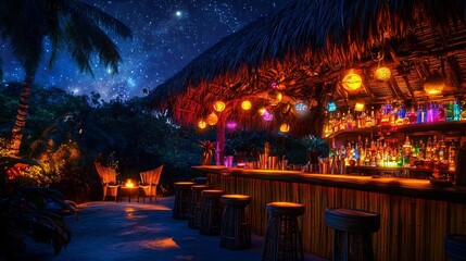 Fototapeta premium Tropical Tiki Bar Under the Stars at Night