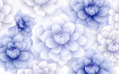 a seamless pattern of delicate blue line art dahlia flowers,