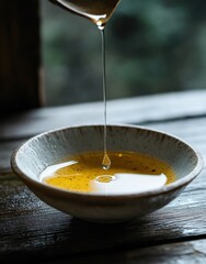 Fresh Olive Oil Drizzling into a Small Bowl, Capturing the Essence of Culinary Ingredients and Natural Goodness for Cooking and Gourmet Dishes