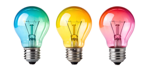 Three Distinct Colorful Glowing Idea Bulb Lamps, Fun and Energetic Lighting Options, PNG Transparent