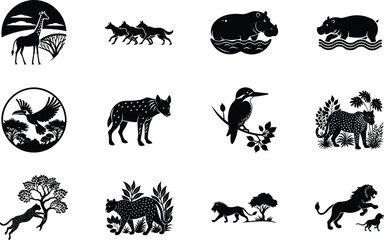 African Wildlife Silhouettes Giraffe, Hyena, Lion, Hippo, Birds, Savannah