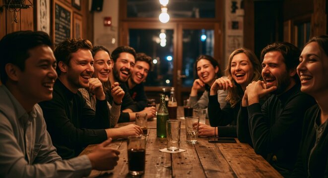 Group of friends laughing and drinking at wooden table in cozy pub at night. Social gathering and celebration concept. Bar entertainment and party lifestyle with copy space
