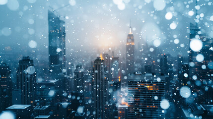 Fototapeta premium A bustling city skyline draped in a serene snowfall at dusk.