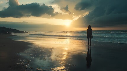 Fototapeta premium Solitary figure walking along a tranquil beach at sunset the ocean waves lapping at the shore and the sky ablaze with warm hues as the sun dips below the horizon