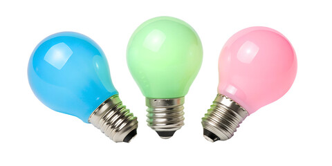Three Varieties of Colorful Glowing Idea Bulb Lamp on White, Innovative and Vibrant Design, PNG Transparent