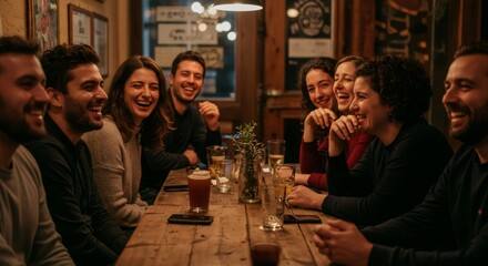 Group of diverse young people laughing and socializing at wooden table in cozy restaurant interior. Friends gathering for dinner party. Weekend entertainment and nightlife concept