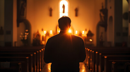standing alone in a church holding a candle with a solemn expression of devotion 