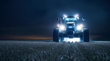 Powerful Tractor Illuminating Open Field Under Starry Night Sky