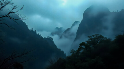 Fototapeta premium Misty mountain landscape at dawn with dense fog and towering peaks. 