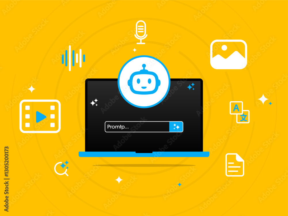 Poster AI, Artificial intelligence robot on laptop and generate bar. AI created generate art, text, video, audio with prompt. Big data visualization and machine learning. Vector illustration.