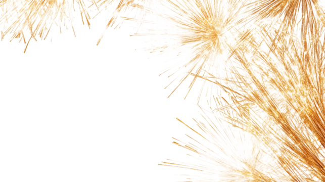Golden fireworks bursting, generating luminous light trails against transparent background, symbolizing celebration and festivity