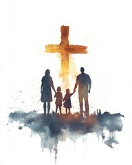 Silhouettes of a family seeking guidance from the light of the Cross.  © Faith Stock