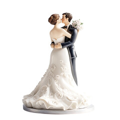 Bride and groom figurine kissing, romantic cake decoration for weddings.
