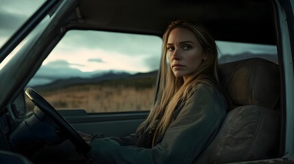 Fototapeta premium A young Caucasian woman with blonde hair in a ponytail is driving a car solo through a scenic mountain landscape on a rural road She has a thoughtful