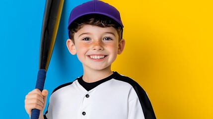 Happy Freckled Boy with Baseball Bat, Blue and Yellow Background