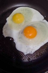 Yolks of different shades in pan from farm and from factory farmed chickens