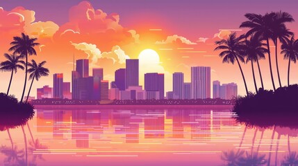 A Colorful Sunset View Over a Coastal City Skyline