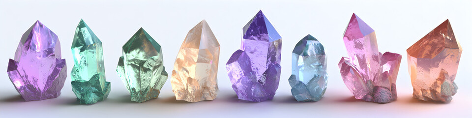 A row of colorful crystals are lined up on a white background