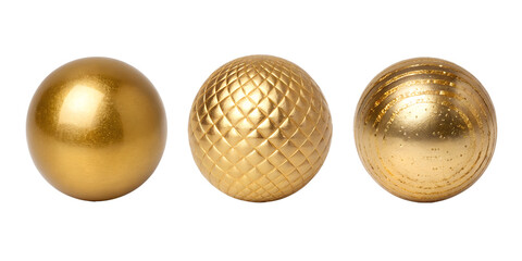 Three Different Styles of Metallic Gold Ball on White, Elegant and Shiny Decoration, PNG Transparent