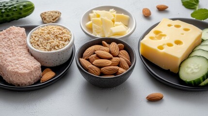 Assorted cheese, nuts, and vegetables on plates