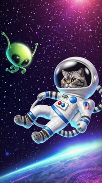 A space cat in an astronaut suit floating in the galaxy, meeting a cute green alien