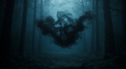 Dark smoke cloud floating in misty forest at night. Mysterious magical woodland landscape with blue fog between tree silhouette. Horror and fantasy scene concept