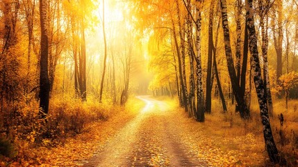 Obraz premium Scenic view of a winding dirt path through a picturesque autumn forest filled with vibrant golden and orange foliage and bathed in warm gentle sunlight Tranquil and serene natural landscape