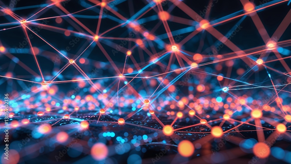 Poster digital network visualization with connected nodes during nighttime