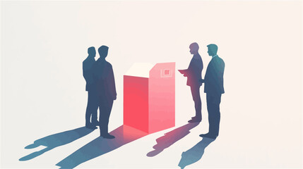 The image is a minimalist illustration featuring five male silhouettes positioned around a stylized, three-dimensional, red bar graph-like structure. The figures are depicted from the knees up,