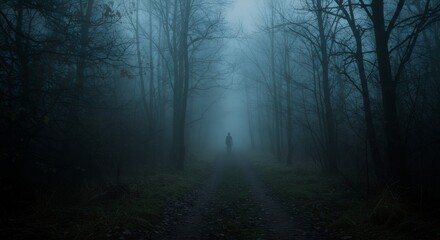 Man silhouette in dark misty forest at night. Mysterious foggy woodland path in autumn. Horror and spooky halloween concept. Moody nature landscape with copy space