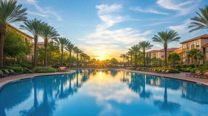 Obraz premium A palm tree-lined resort pool reflecting the sunrise
