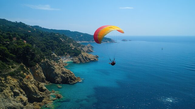 A parasailer soaring above the blue ocean