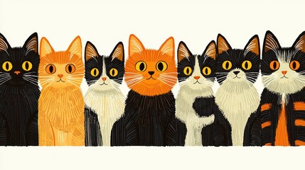 Obraz premium Seven stylized cat illustrations are shown across the white background