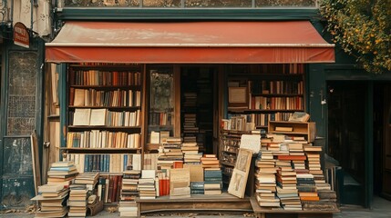 Charming Parisian Bookstore with Stacked Books and Red Awning