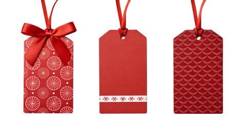 Three Distinct Red Gift Tags with Red Ribbon on White, Perfect for Gift Wrapping and Holidays, PNG Transparent