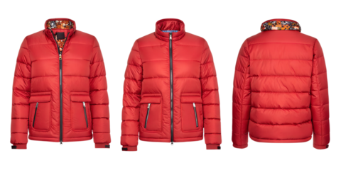 Three Varieties of Red Puffer Jacket on White, Cozy and Trendy Cold-Weather Clothing, PNG Transparent