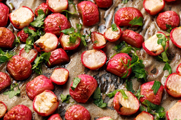 Roasted radish with parsley and balsamic vinegar. Roasted vegetables, healthy food