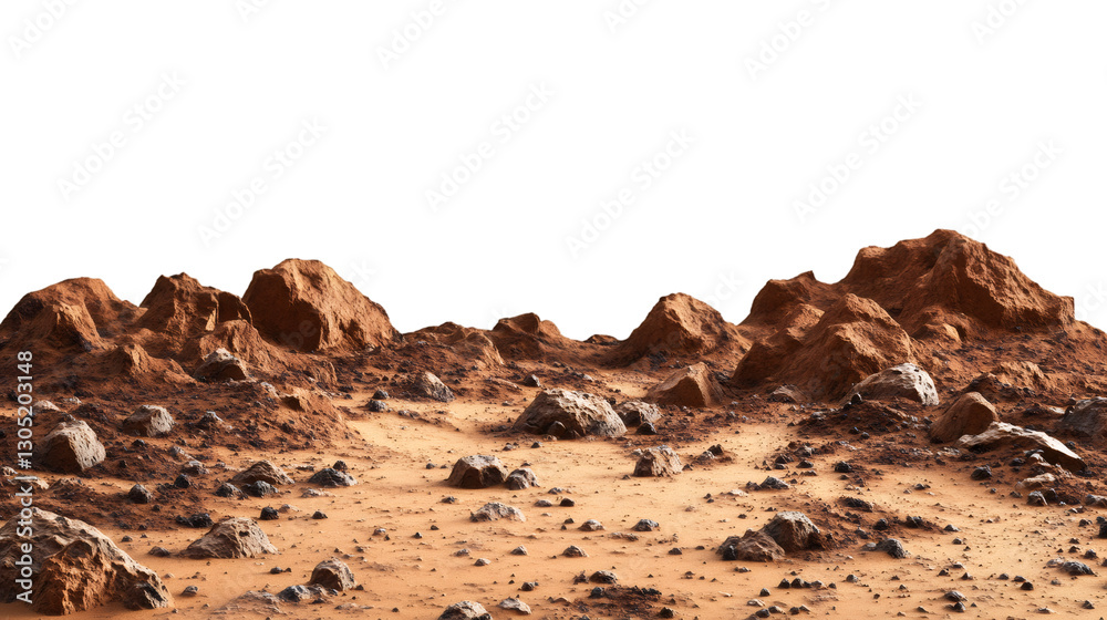 Poster Realistic Martian surface with rocks and craters creating a desolate extraterrestrial environment, perfect for space exploration or sci-fi projects