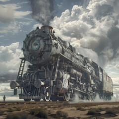 Naklejka premium Mighty Steam Locomotive in a Vast Landscape Reflecting Industrial Scale