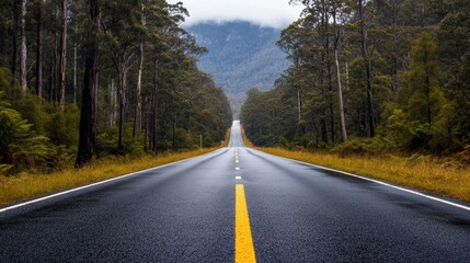 Naklejka premium Beautiful winding road through lush forests in a mountainous region during cloudy weather