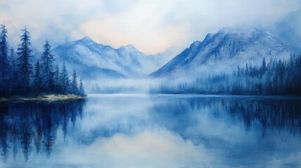 A peaceful morning by a misty mountain lake