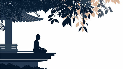 The image is a stylized illustration featuring a dark blue silhouette of a person in a meditative pose seated on a low platform under a large tree.  The tree's leaves and branches drape down,