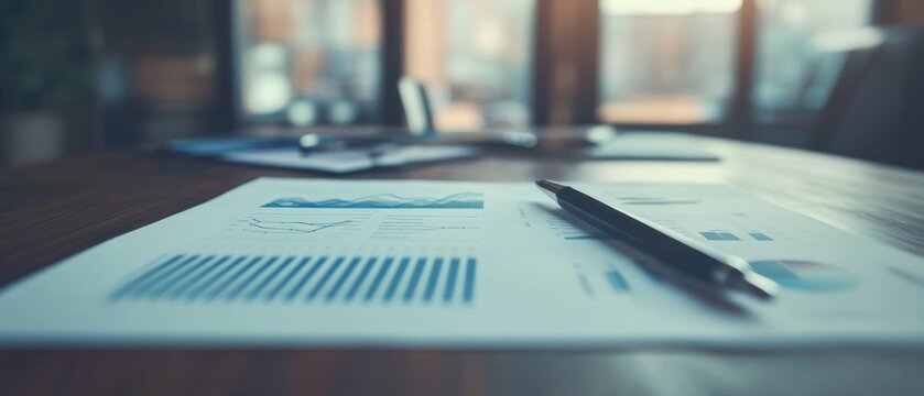 A pen rests on a business report, suggesting a focus on analysis, finance, and strategic planning within a corporate environment.