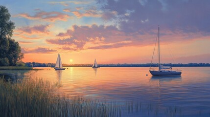 A peaceful sunset over a lake with sailboats