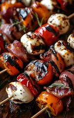 A closeup of mozzarella, red pepper, and bacon skewers, perfectly grilled, with crispy bacon and vibrant vegetables, drizzled with balsamic reduction