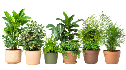 Fototapeta premium Green potted plants displaying botanical variety, arranged neatly against transparent background for seamless graphic design integration