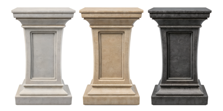 Three Varieties of Stone Podium for Display Product on White, Durable and Sleek Product Platform, PNG Transparent