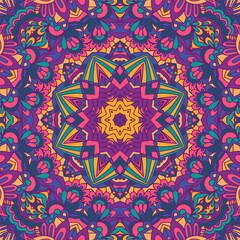 Festival art seamless pattern mandala. Ethnic geometric medallion print. Colorful repeating background texture. Mexican psychdedlic