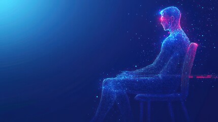Abstract digital person sitting, futuristic scene