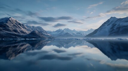 Breathtaking panoramic view of a majestic glacier lake nestled between towering snow capped mountains with a serene reflection on the calm water s surface at a stunning sunset or sunrise